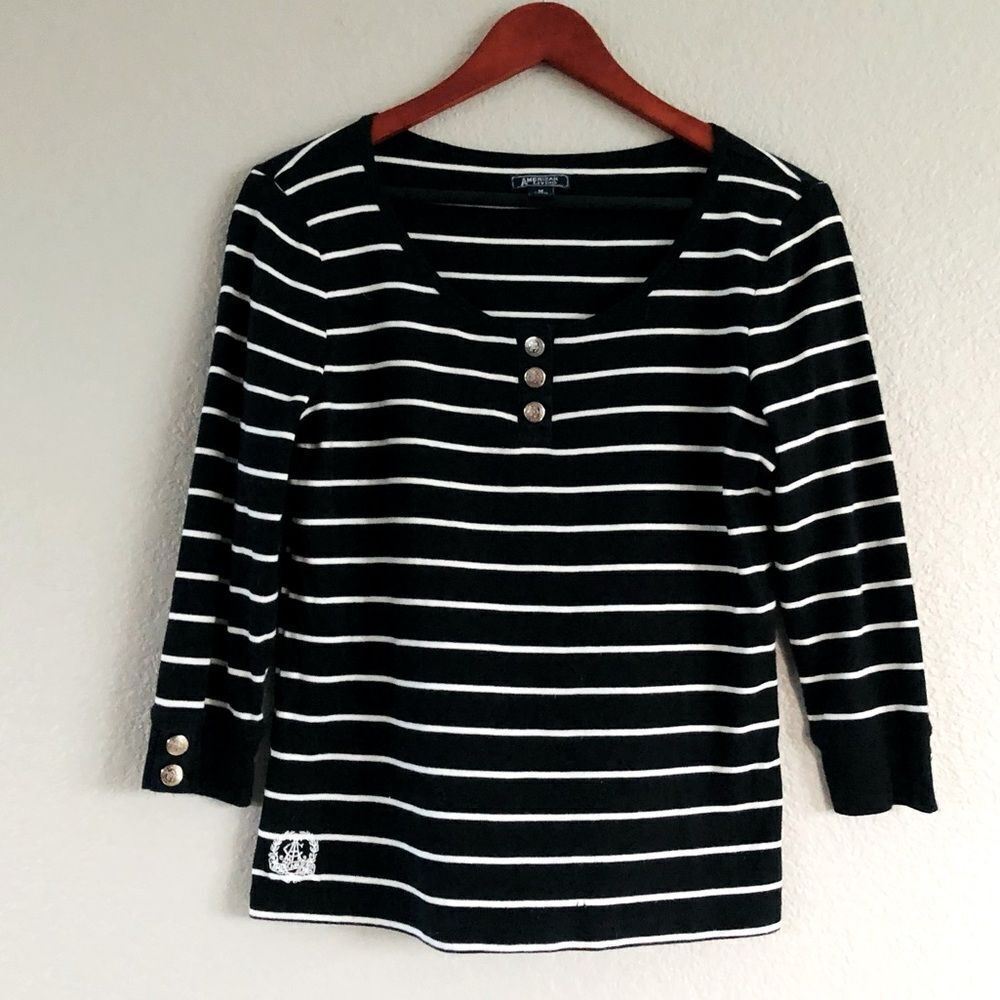 American Living Black & White Striped Top M